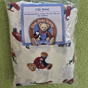 NWT NIP Crib Sheet 28 X 52 IN BLUE JEAN TEDDY Cream with Teddy Bear Print (Q1)